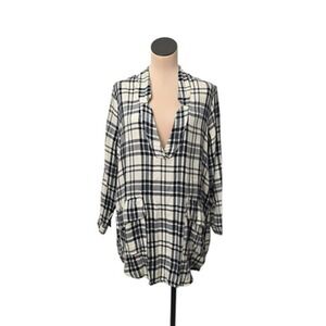 Free People x CP Shades Shirt‎ Womens XS Black White Plaid Deep V Pockets USA